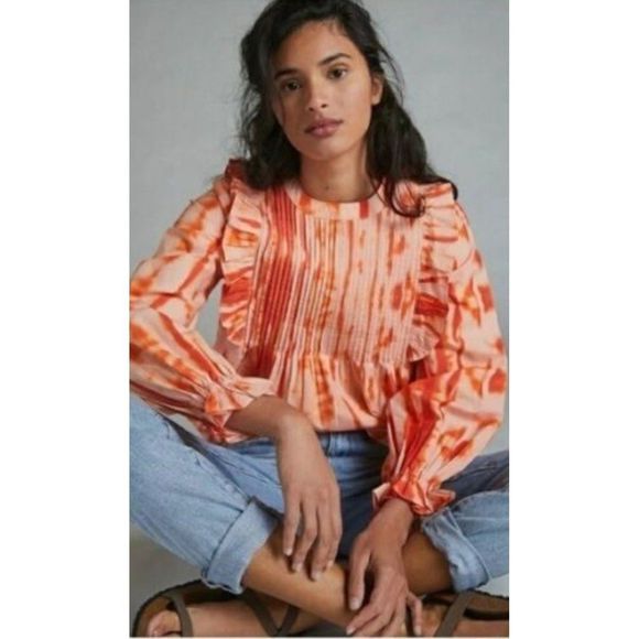 Anthropologie Tops - Anthropologie Emilia Tie Dye Orange Ruffle Long Sleeve Blouse Size M.